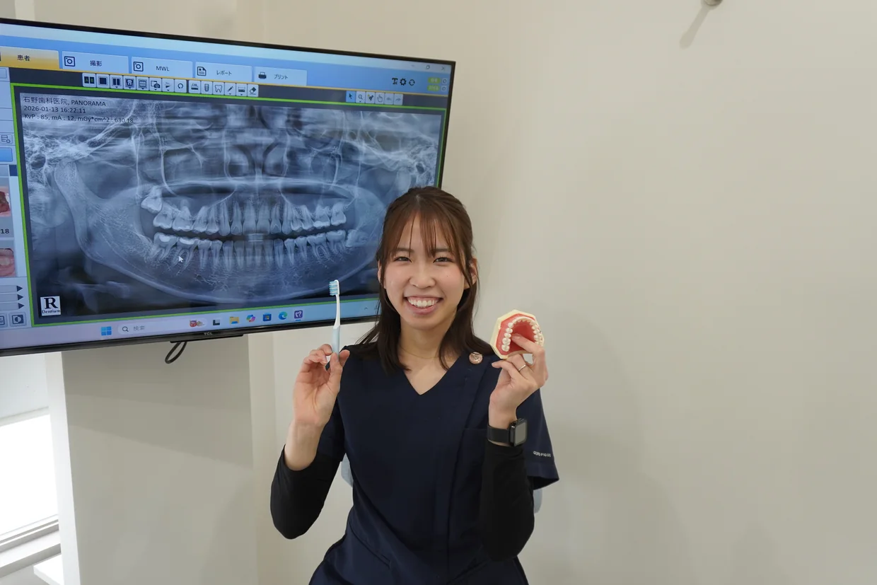 歯ブラシと歯の模型を持った石野歯科医院の歯科衛生士