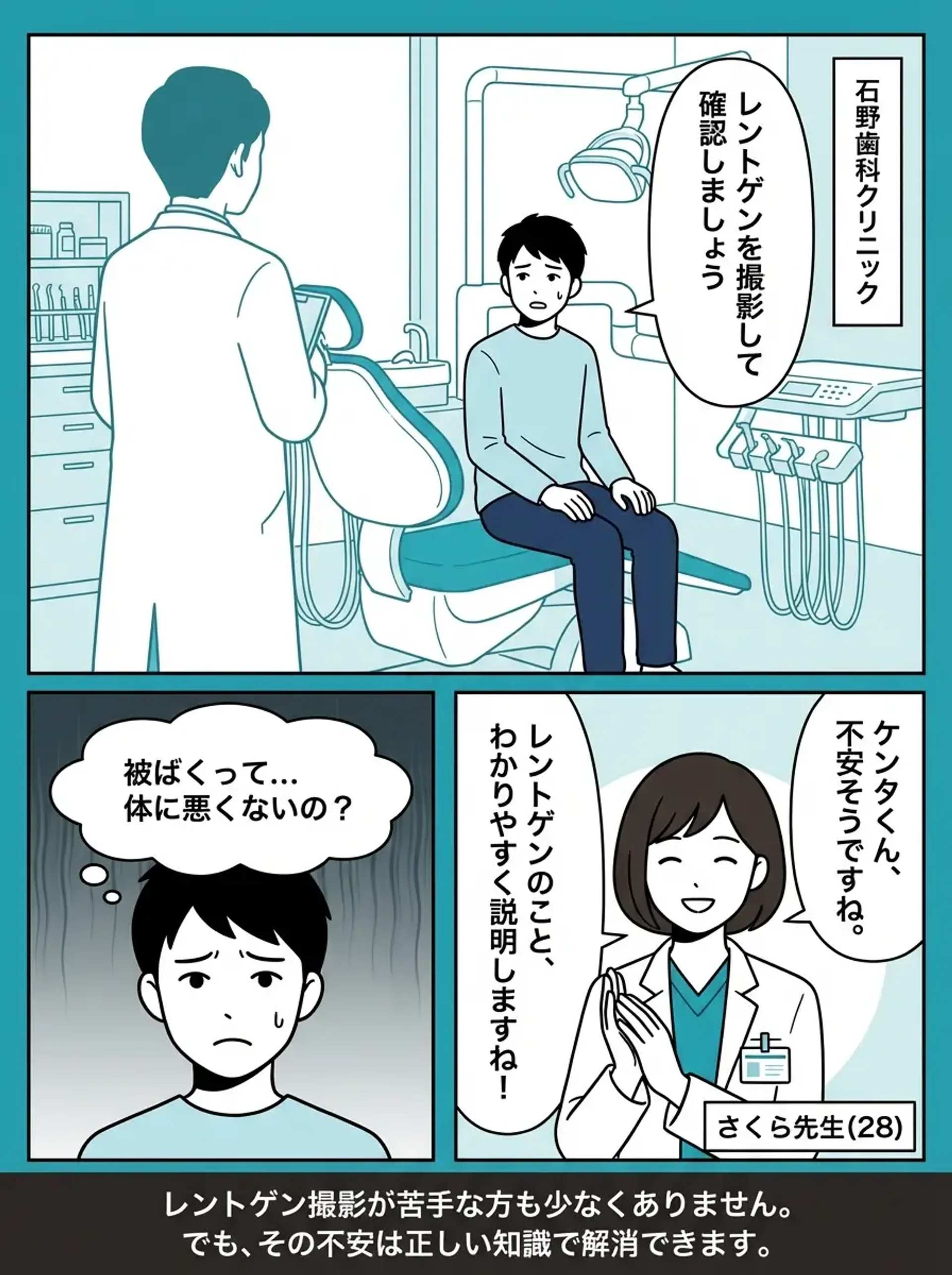レントゲンへの不安 - ケンタくんが診察室でレントゲン撮影を提案されて不安になる場面