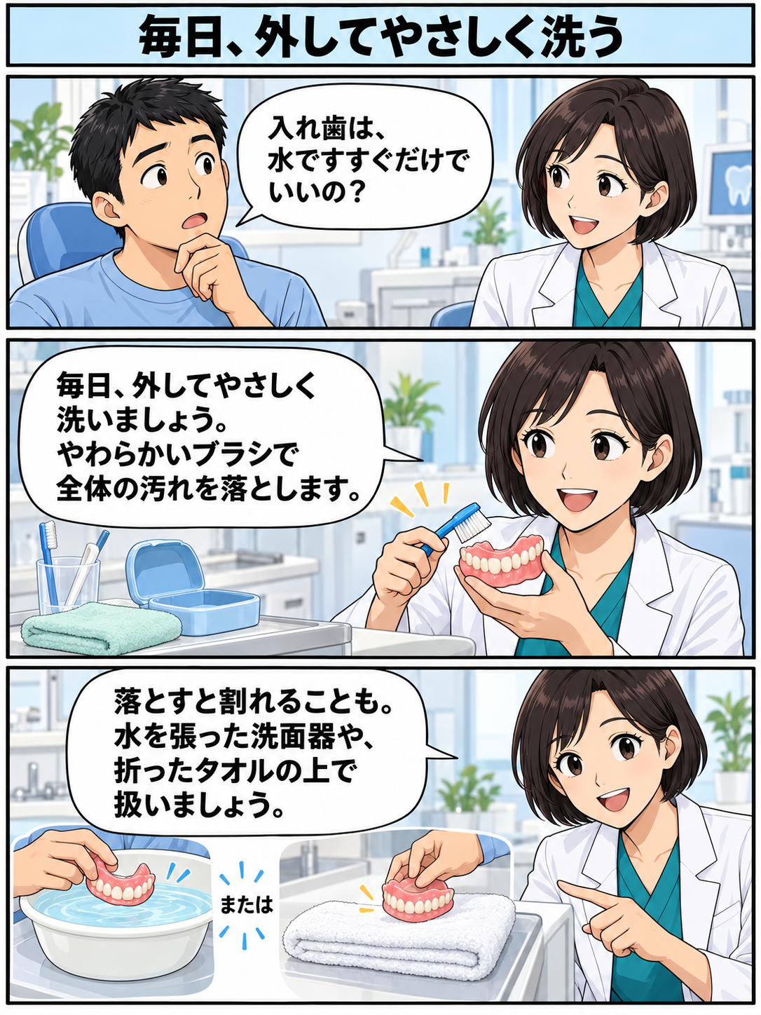 ケンタの疑問にさくら先生が答え、入れ歯の毎日のやさしい清掃と落下対策を説明する漫画。