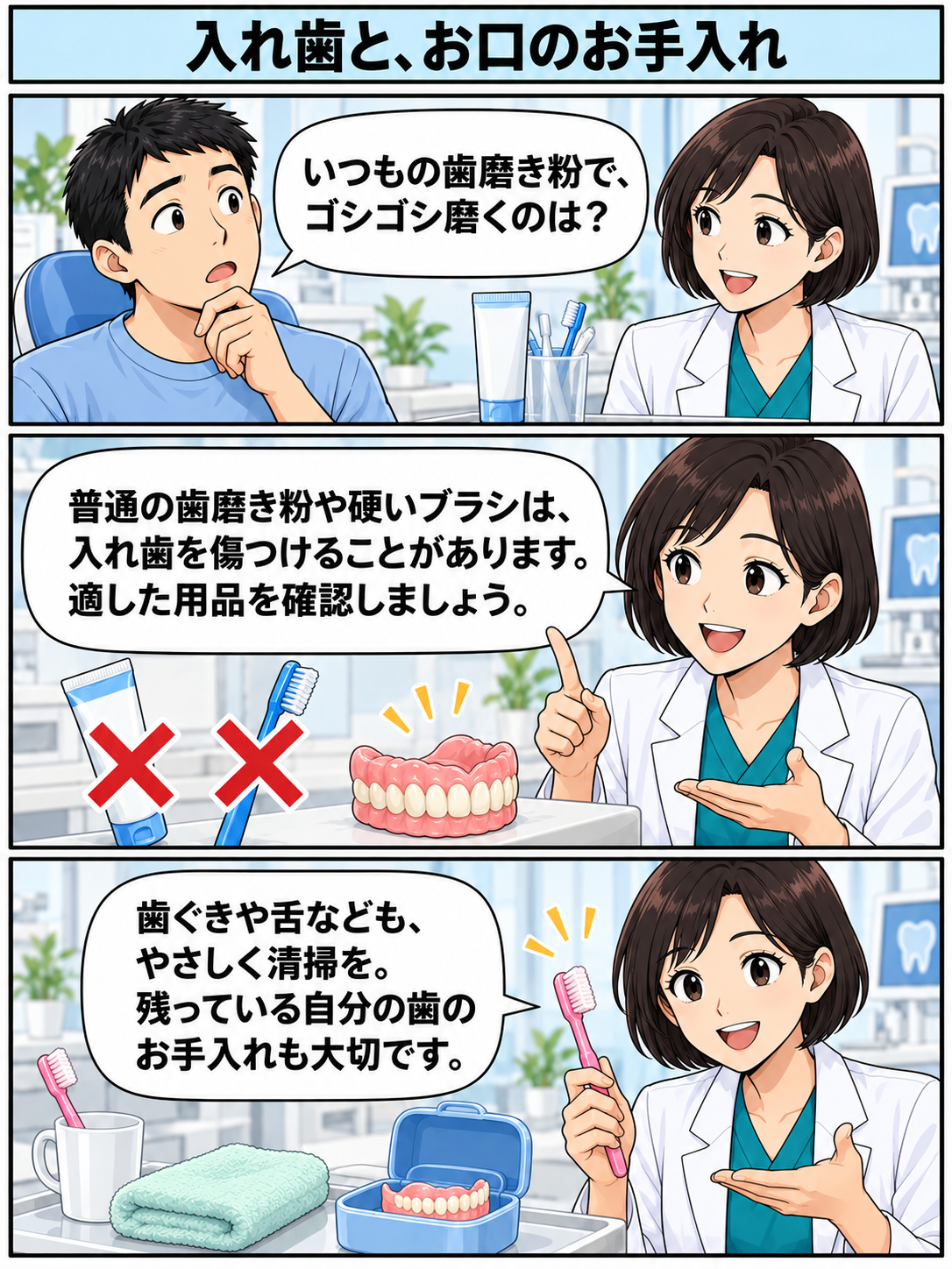 普通の歯磨き粉や硬いブラシを避け、入れ歯だけでなく歯ぐきや舌、残っている歯も清潔にする説明。