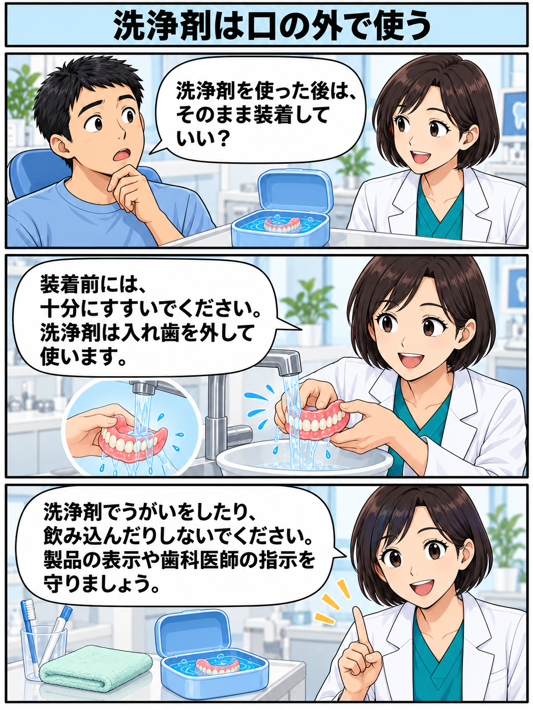 入れ歯用の洗浄剤は口に入れず、製品の指示に従い、装着前に入れ歯をよくすすぐという注意点。