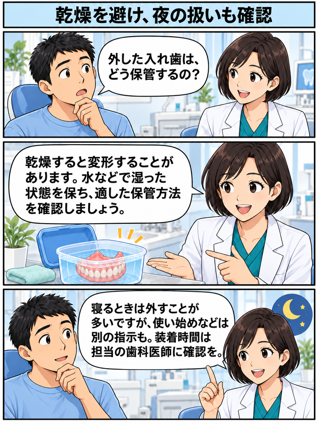 外した入れ歯を乾燥させず、就寝時の装着時間と保管方法は個別に歯科医師へ確認する説明。
