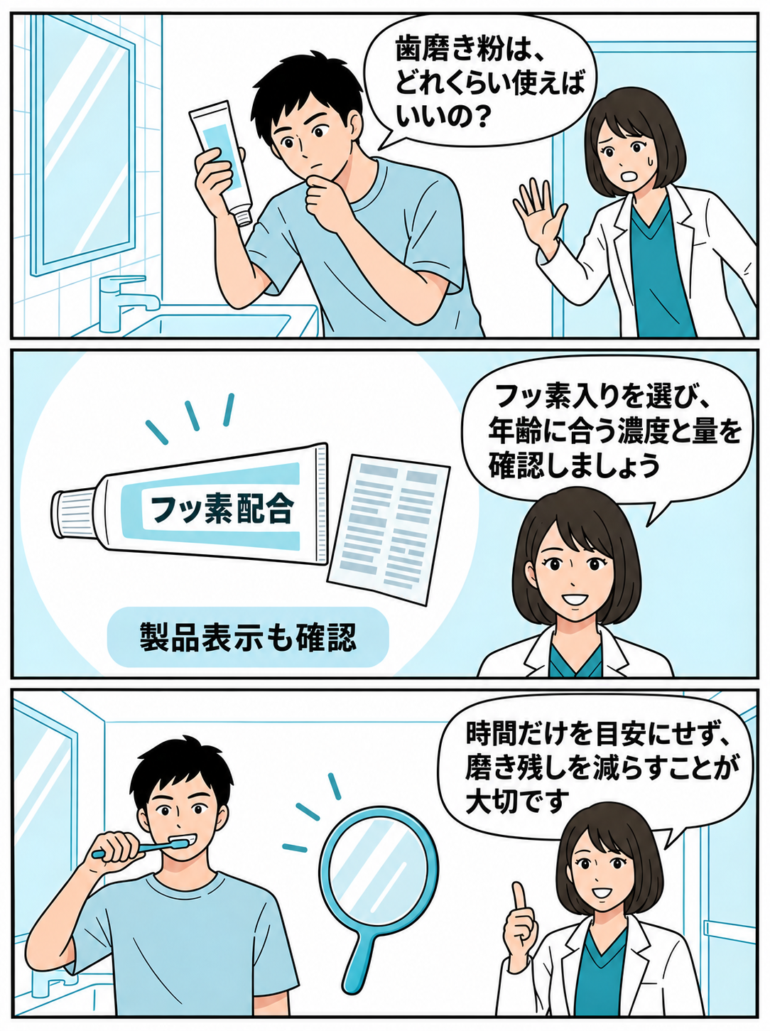 フッ素入り歯磨き粉の濃度と量を年齢に合わせ、磨き残しに注意するマンガ